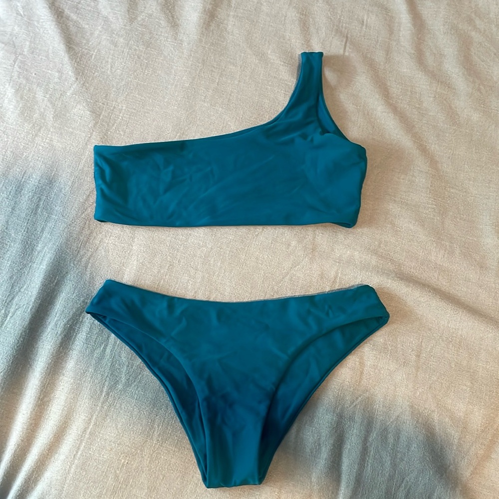 Zaful Teal One-Shoulder Bikini Set